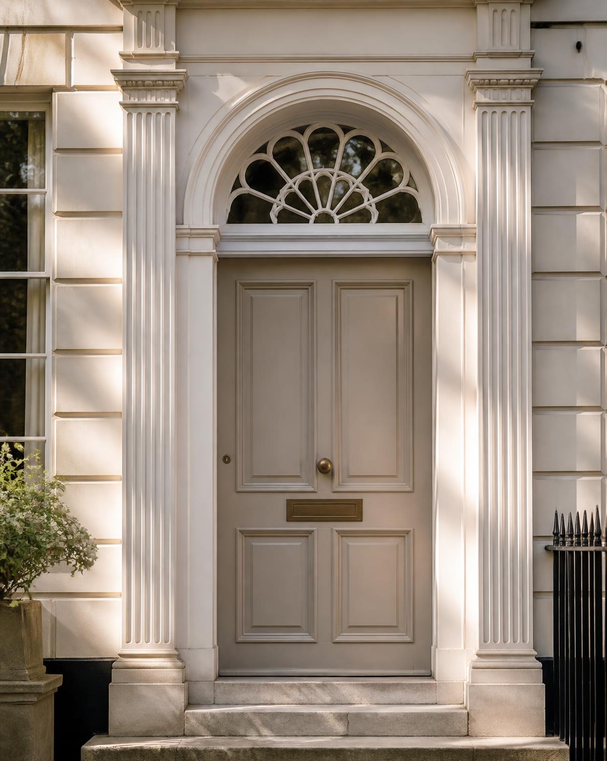 Elegant Georgian townhouse doorway with fanlight in soft morning light